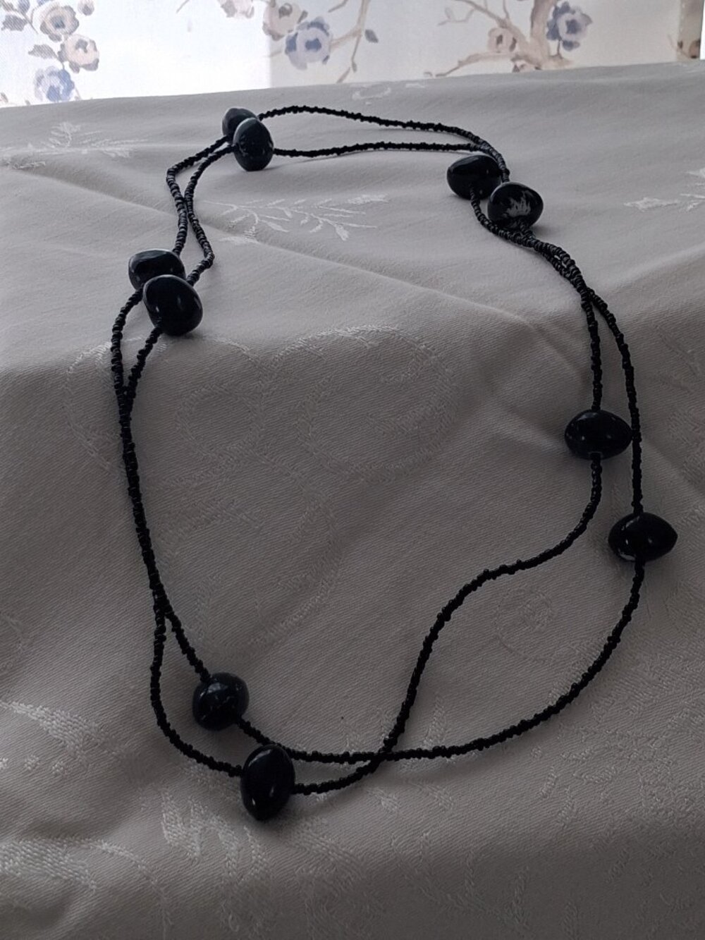 Long Black Beaded Necklace Double Strand Boho Minimalist Statement